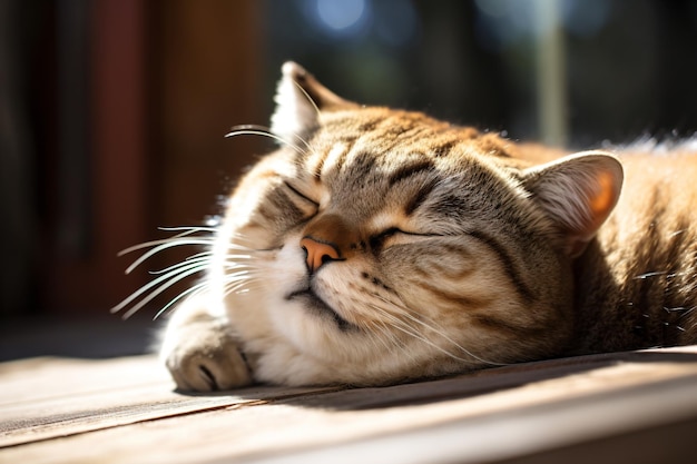 un chat dort sur un sol en bois