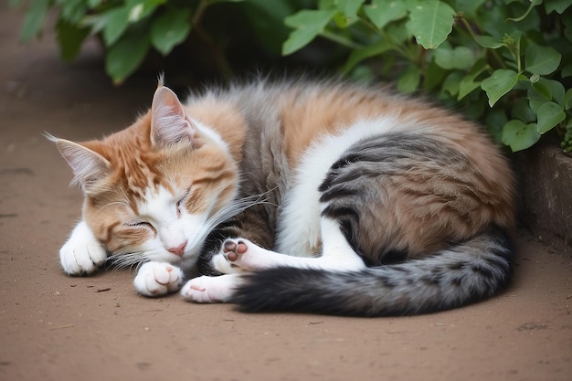 Le chat dort sur le sol. C'est un animal adorable.