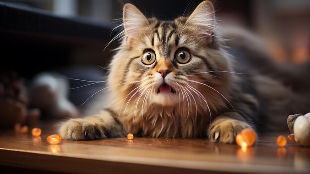 chat drôle avec un arc rouge et une balle