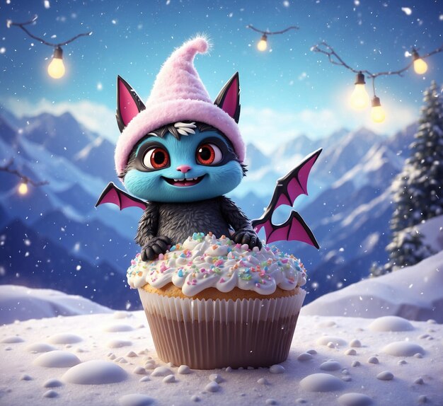 Un chat drôle avec un chapeau avec des ailes et un cupcake dans la neige