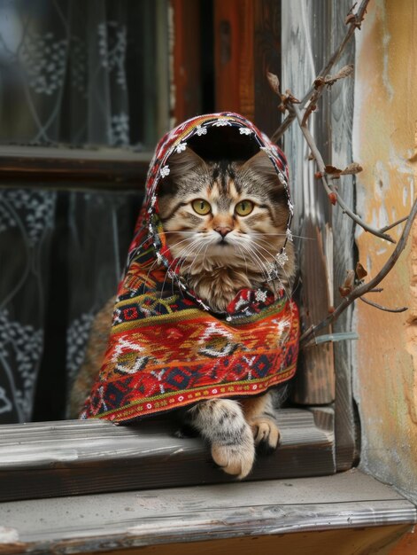 Photo un chat drôle avec un chapeau tricoté à la main et un poncho élégamment posé.