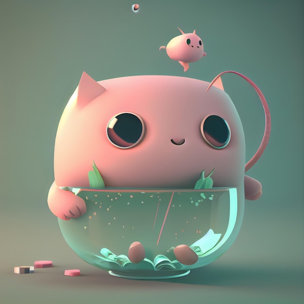 Chat drôle dans un bol en verre illustration de rendu 3d
