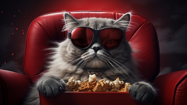 un chat drôle dans des lunettes de chat rouge et un pop-corn dans une chaise de cinéma