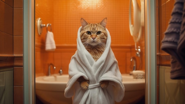 Chat drôle dans la salle de bain se préparant à se baigner procédures d'hygiène laver avec de l'eau Portrait d'un chat sérieux rouge dans un peignoir généré par l'IA