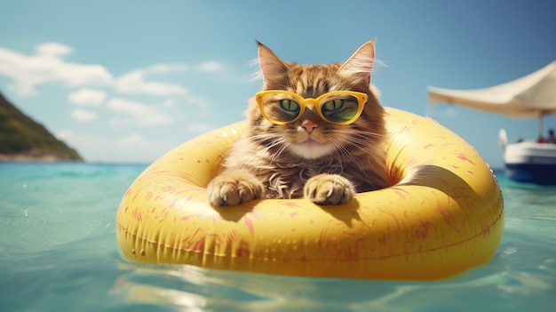 chat drôle en été chat à l'intérieur d'un anneau gonflable contre le fond de la mer