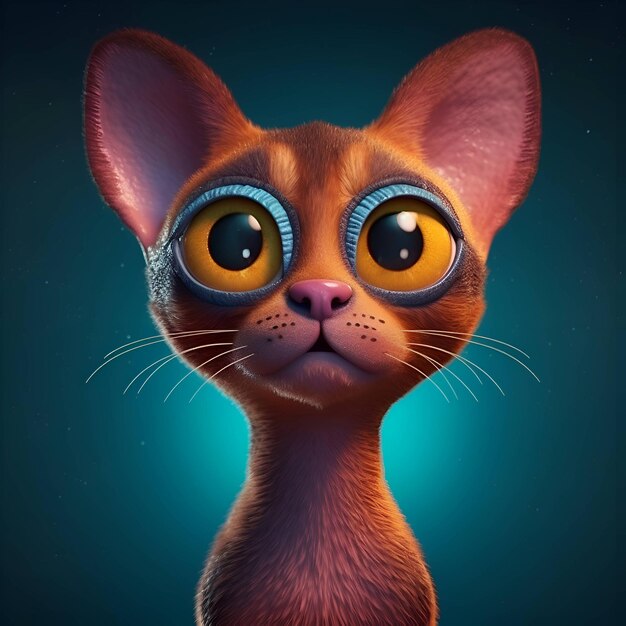 Chat drôle avec de grands yeux sur fond bleu foncé rendu 3D