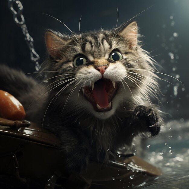 Un chat drôle avec un gros poisson dans la bouche Illustration générée par AI