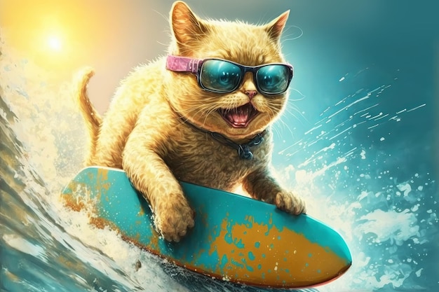 Chat drôle à lunettes de soleil chevauche une planche de surf sur les vagues de l'océan Concept de vacances d'été Illustration générative de l'IA