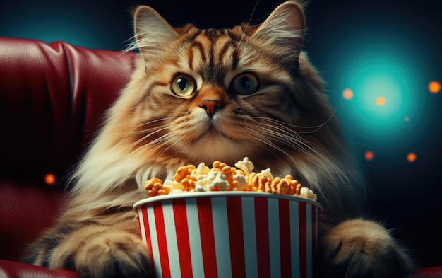 Un chat drôle portant des lunettes 3D qui regarde du pop-corn.