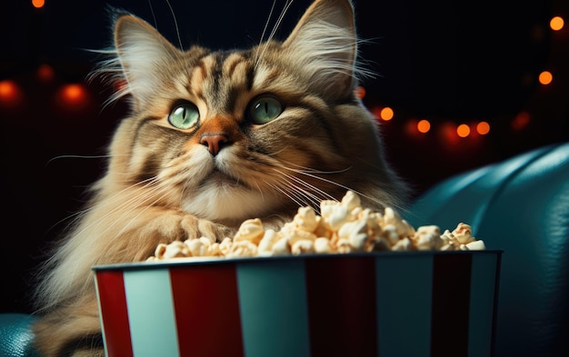 Un chat drôle portant des lunettes 3D qui regarde du pop-corn.