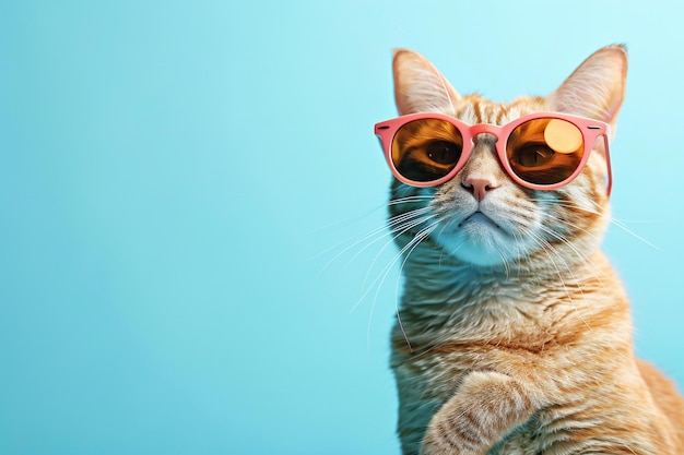 Un chat drôle portant des lunettes de soleil sur un fond bleu en gros plan Espace pour le texte