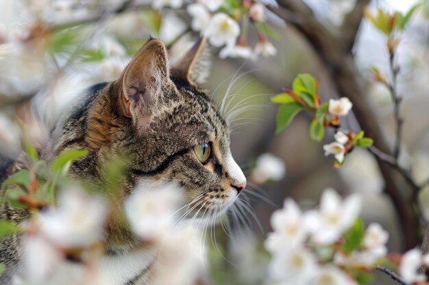 Un chat drôle qui apprécie le début du printemps en fleurs.