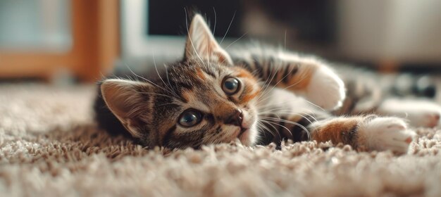 Photo un chat drôle s'étend sur le sol du salon un chaton adorable