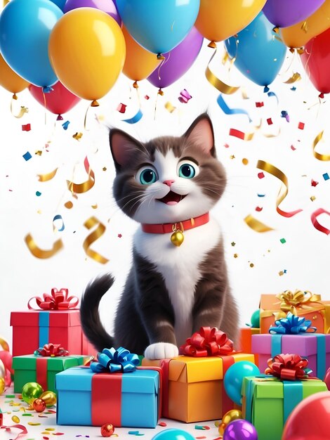 Un chat drôle souriant à la fête avec des présents de ballons et des confettis isolés sur un fond blanc