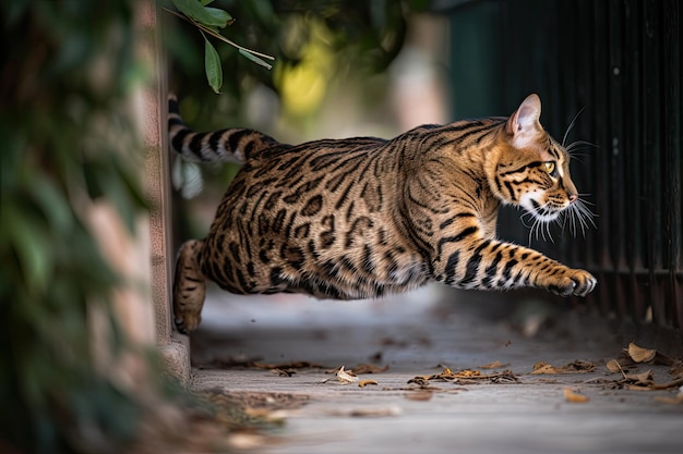 Photo un chat du bengale courant autour d'une clôture