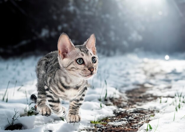 Photo chat du bengale devant le fond d'hiver