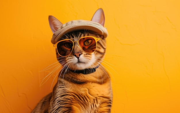 Un chat du Bengale avec des lunettes de soleil et une casquette sur un fond professionnel