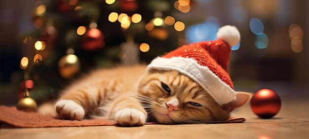 Chat du Père Noël près du sapin de Noël