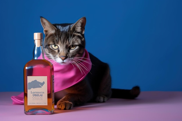 Un chat avec une écharpe rose et une bouteille de whisky à côté.