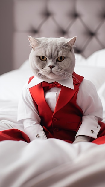 Photo un chat écossais portant un smoking rouge assis sur un