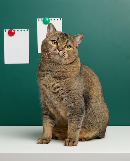 Chat écossais straighteared adultes sur le fond d'un tableau de craie verte