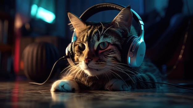 Un chat avec des écouteurs et un microphone sur la tête