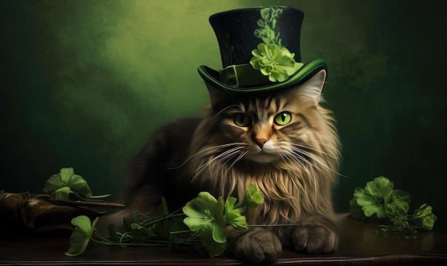 Chat élégant avec un chapeau vert et une cravate célébrant la Saint-Patrick entouré d'un décor fantaisiste AI Generative