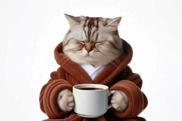 un chat endormi en peignoir tenant une tasse de café sur un fond blanc