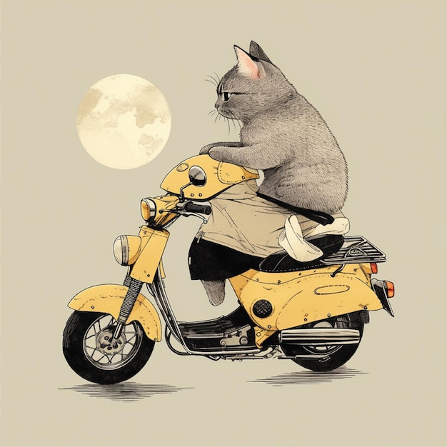 chat équitation moto catoon personnage illustration