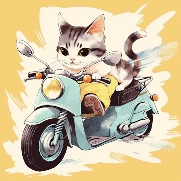 chat équitation moto catoon personnage illustration