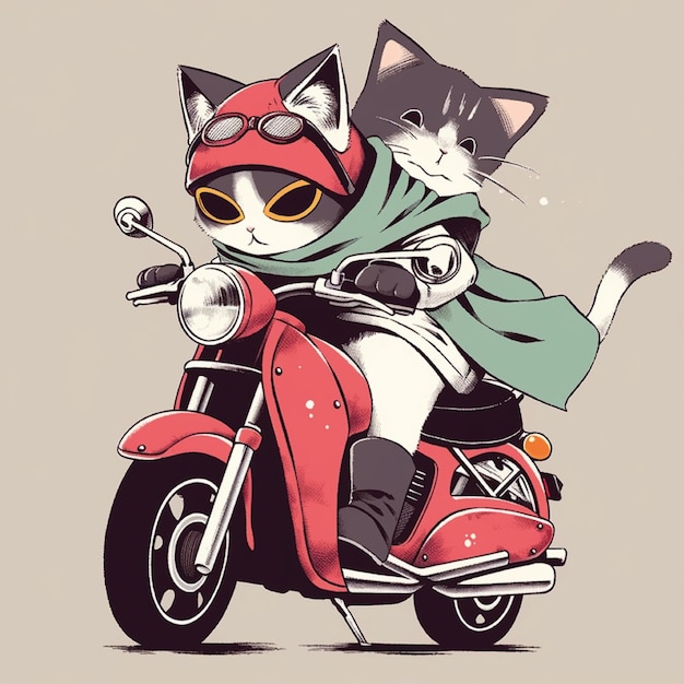 chat équitation moto catoon personnage illustration