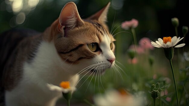 Un chat espiègle qui poursuit un papillon dans un jardin plein de fleurs Générer Ai