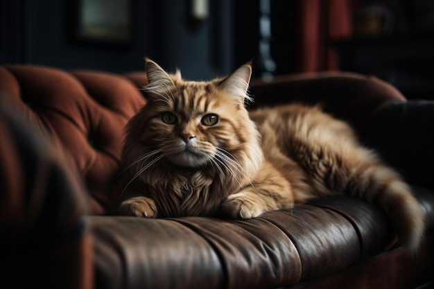 Un chat est allongé sur un canapé en cuir