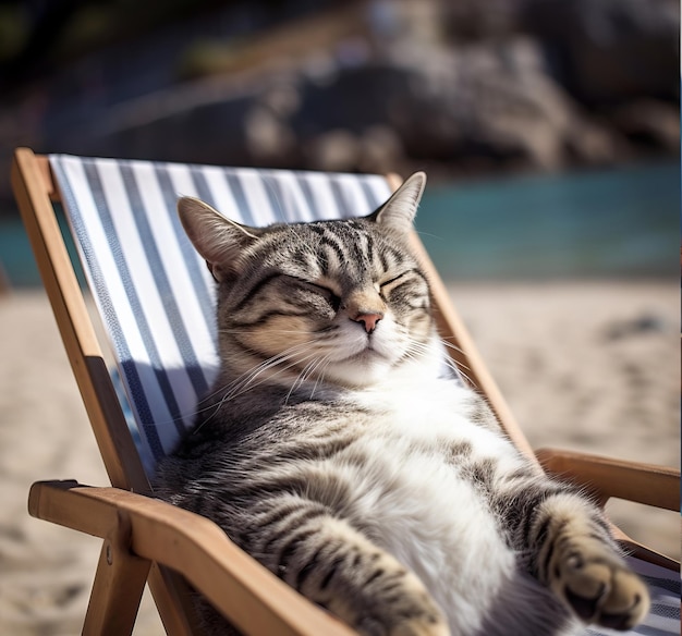 un chat est allongé sur une chaise longue sur la plage