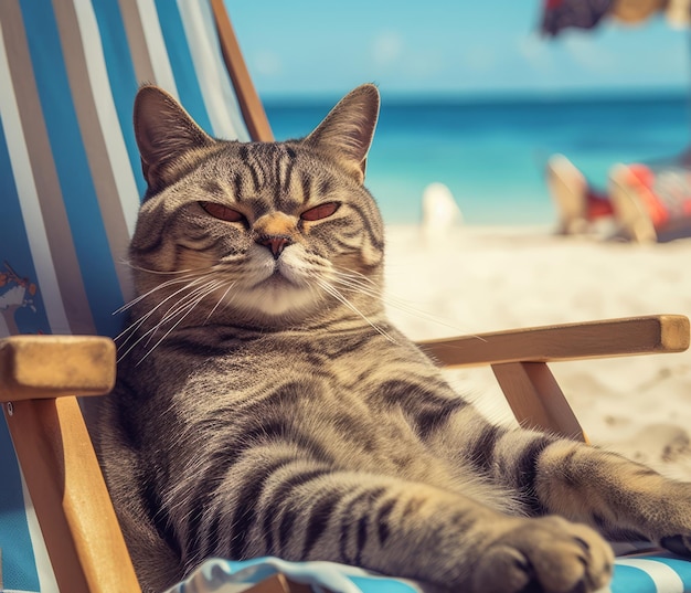 un chat est allongé sur une chaise longue sur la plage