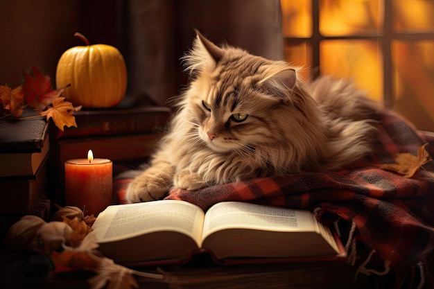 Un chat est allongé sur une couverture à côté d'un livre avec une bougie.