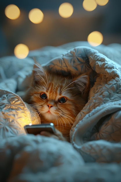 Photo un chat est allongé sur un lit avec un téléphone dans sa bouche.