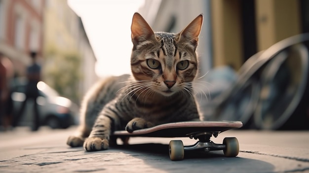 Un chat est allongé sur une planche à roulettes avec le mot chat dessus.