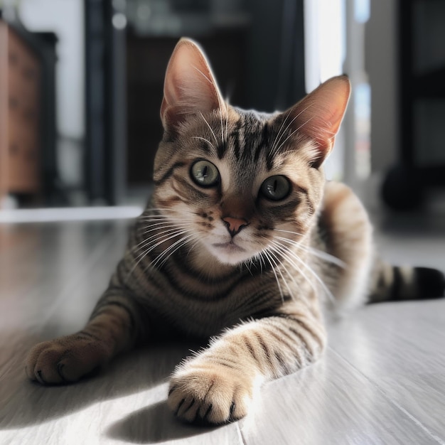 Un chat est allongé sur le sol et regarde la caméra.