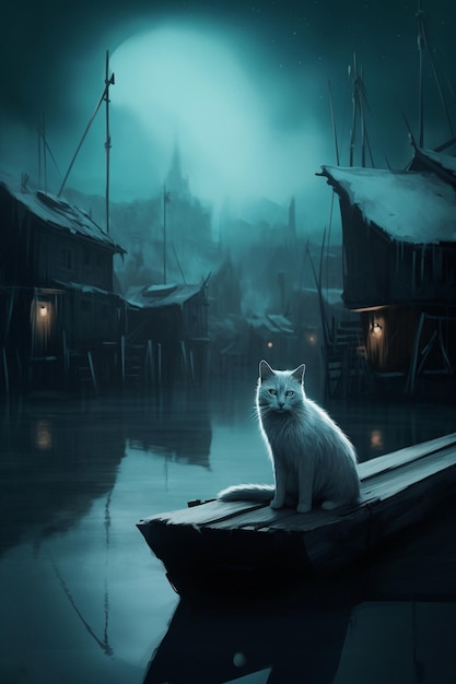 Un chat est assis sur un bateau dans une nuit sombre.