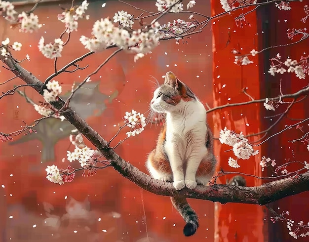 Photo un chat est assis sur une branche d'arbre avec un rideau rouge derrière lui