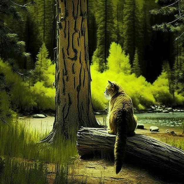 Un chat est assis sur une bûche dans une forêt avec un arbre en arrière-plan.