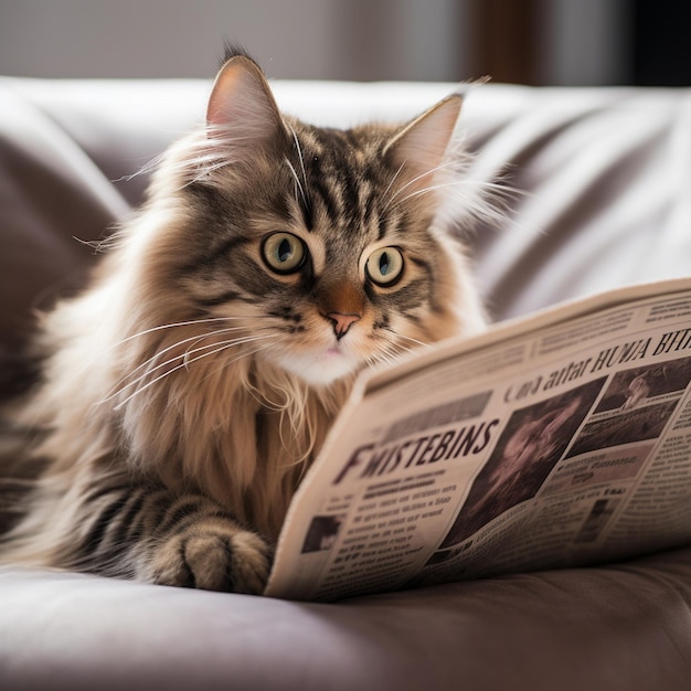 un chat est assis sur un canapé en train de lire un journal.