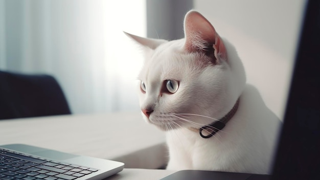 Un chat est assis à côté d'un ordinateur portable avec un collier qui dit "chat"