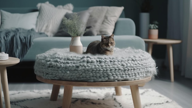 Un chat est assis sur un coussin rond dans un salon.