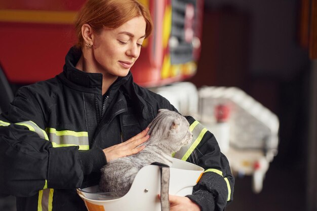 Le chat est assis dans le casque de protection Femme pompier en uniforme est au travail dans le département