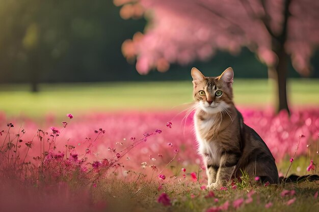 Un chat est assis dans un champ de fleurs