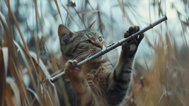 Un chat est assis dans un champ d'herbe haute le chat joue de la flûte le chat est très heureux et content l'image est très paisible et sereine