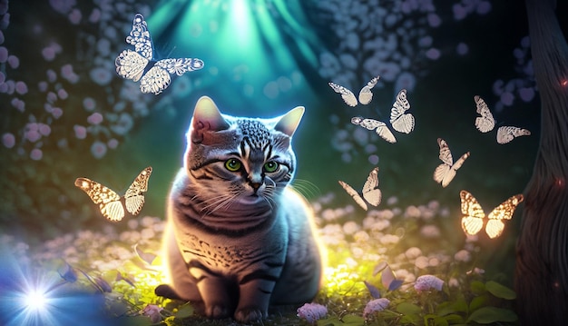 Un chat est assis dans un jardin lumineux coloré Le chat recherche des espèces et des lumières lumineuses