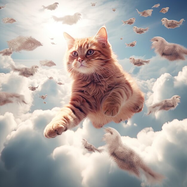 un chat est assis dans les nuages avec les mots chat dessus